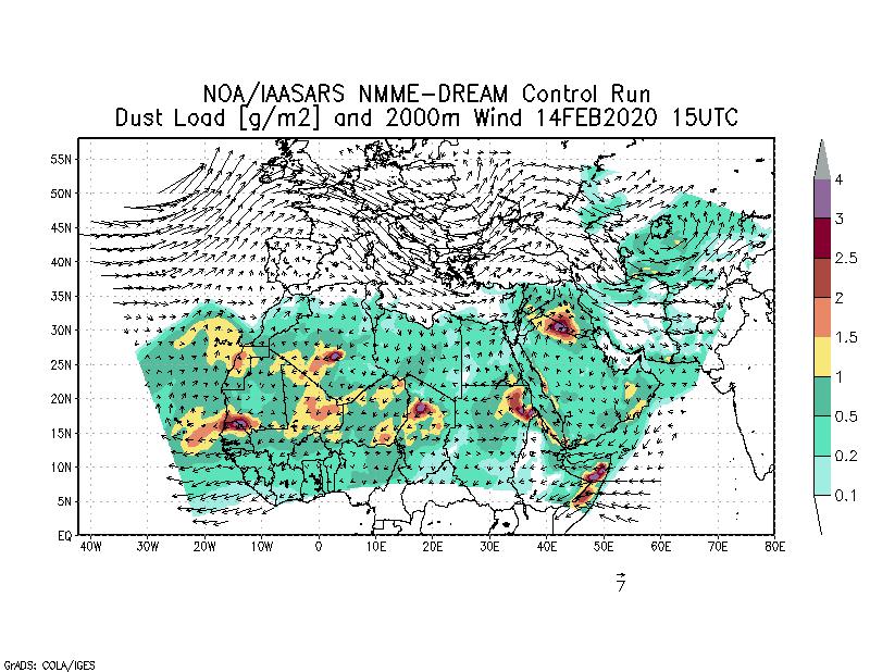 Dust load [g/m2] and 2000m Wind - 2020-02-14 15:00