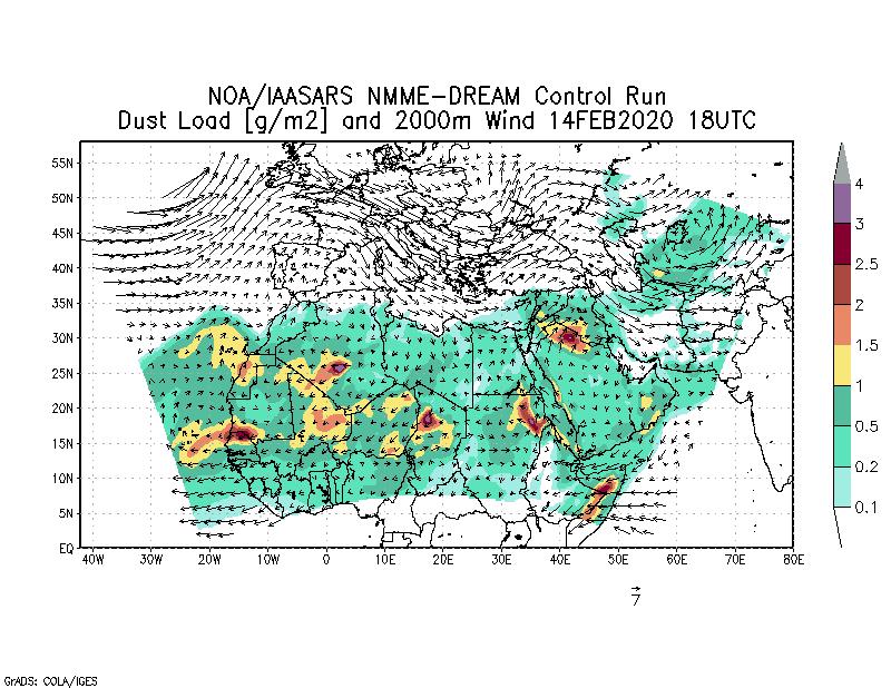 Dust load [g/m2] and 2000m Wind - 2020-02-14 18:00