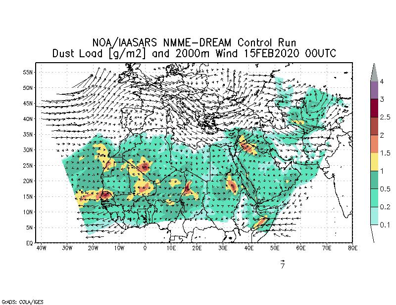 Dust load [g/m2] and 2000m Wind - 2020-02-15 00:00