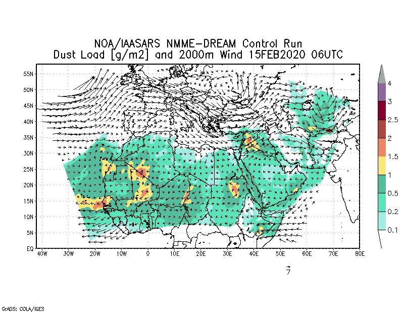 Dust load [g/m2] and 2000m Wind - 2020-02-15 06:00