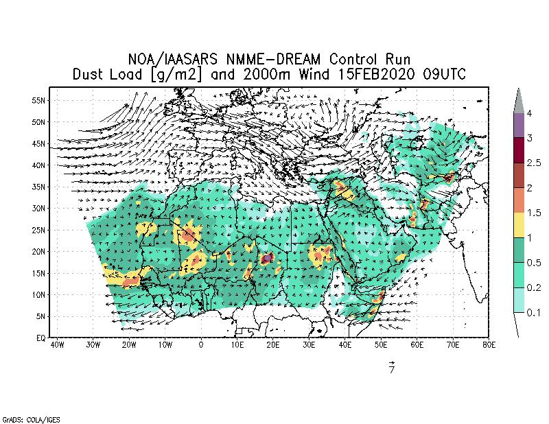 Dust load [g/m2] and 2000m Wind - 2020-02-15 09:00