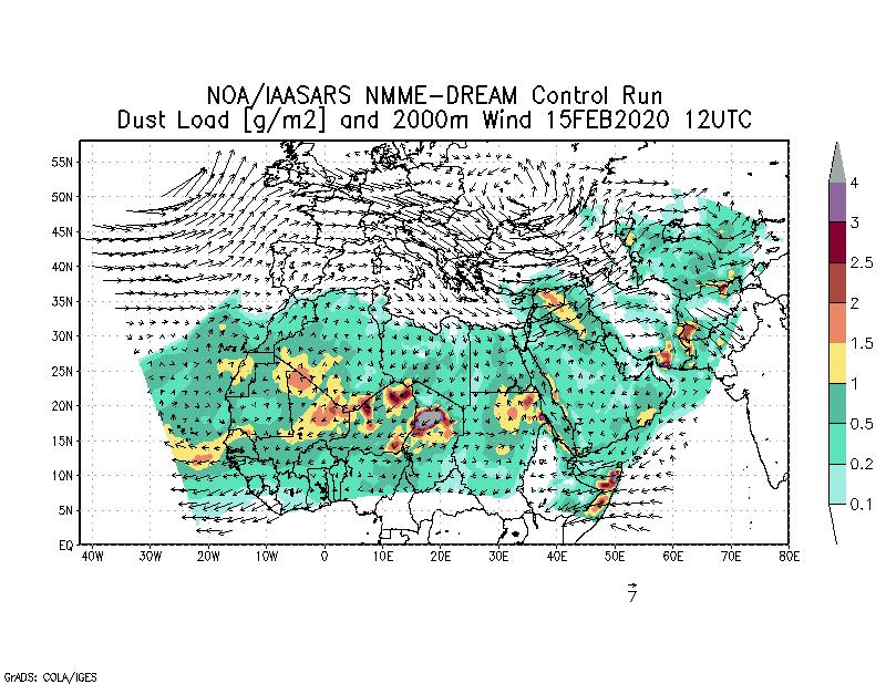 Dust load [g/m2] and 2000m Wind - 2020-02-15 12:00