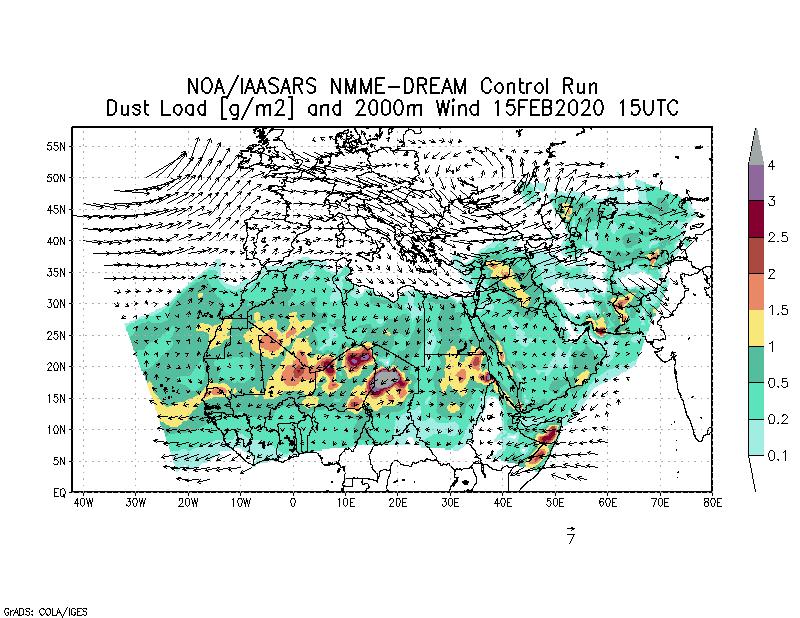 Dust load [g/m2] and 2000m Wind - 2020-02-15 15:00