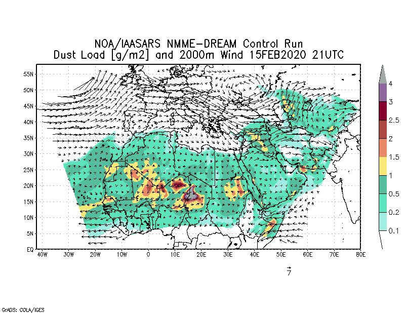 Dust load [g/m2] and 2000m Wind - 2020-02-15 21:00