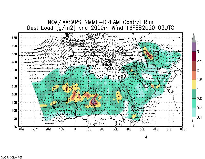 Dust load [g/m2] and 2000m Wind - 2020-02-16 03:00