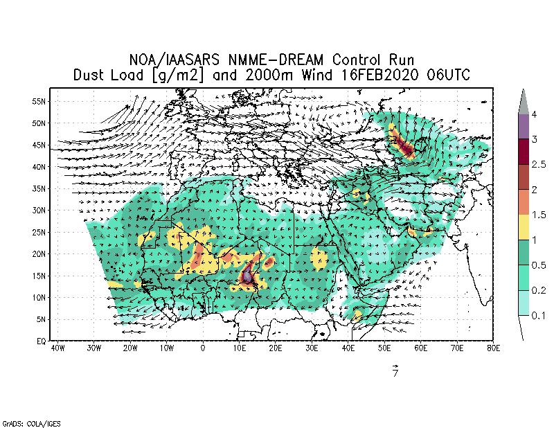 Dust load [g/m2] and 2000m Wind - 2020-02-16 06:00