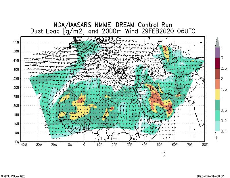 Dust load [g/m2] and 2000m Wind - 2020-02-29 06:00