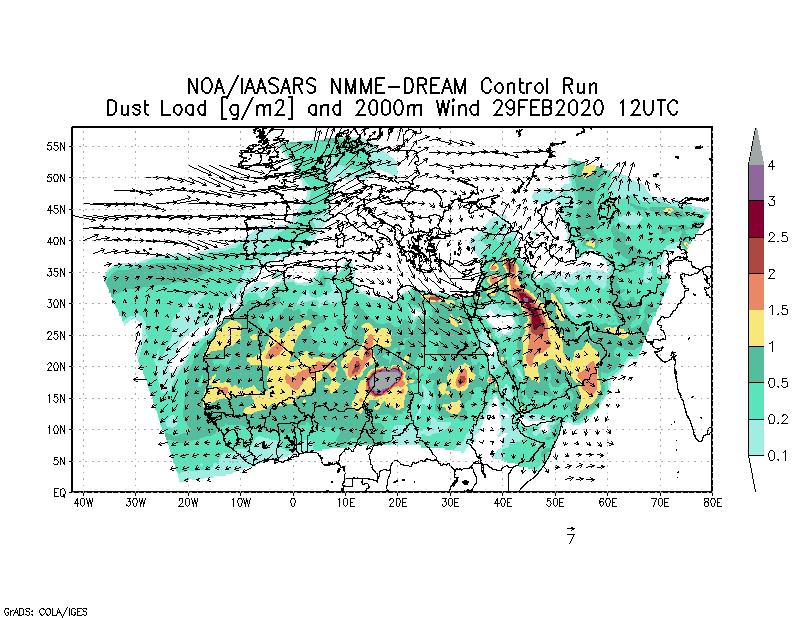 Dust load [g/m2] and 2000m Wind - 2020-02-29 12:00