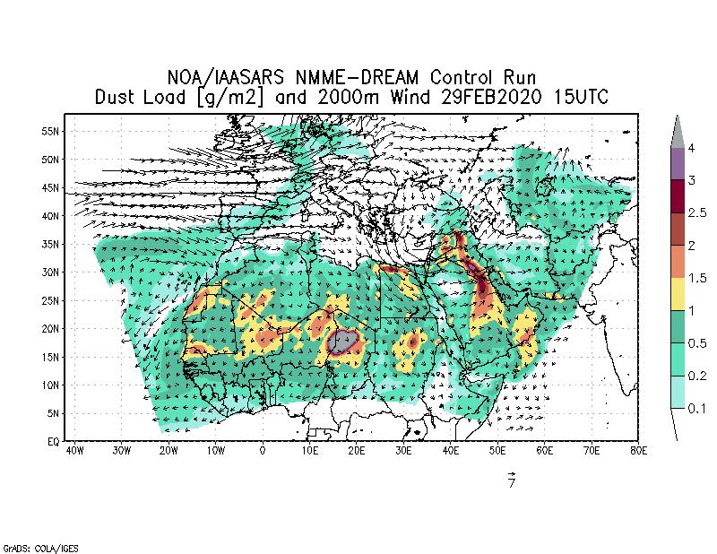 Dust load [g/m2] and 2000m Wind - 2020-02-29 15:00