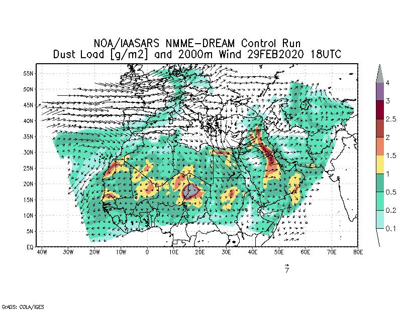 Dust load [g/m2] and 2000m Wind - 2020-02-29 18:00