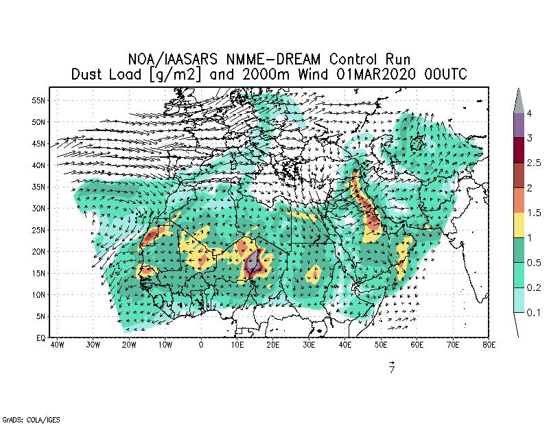 Dust load [g/m2] and 2000m Wind - 2020-03-01 00:00