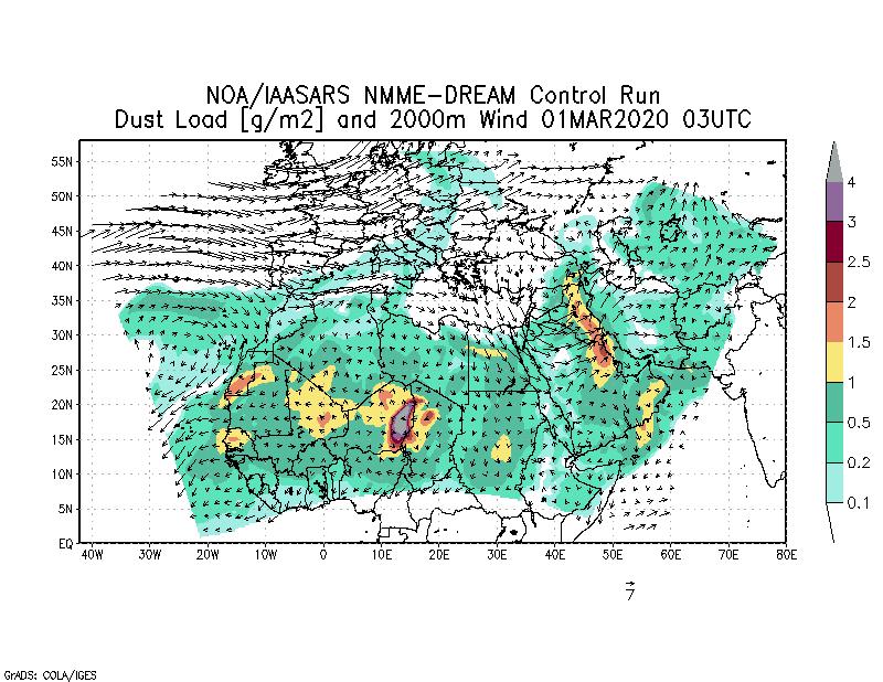 Dust load [g/m2] and 2000m Wind - 2020-03-01 03:00