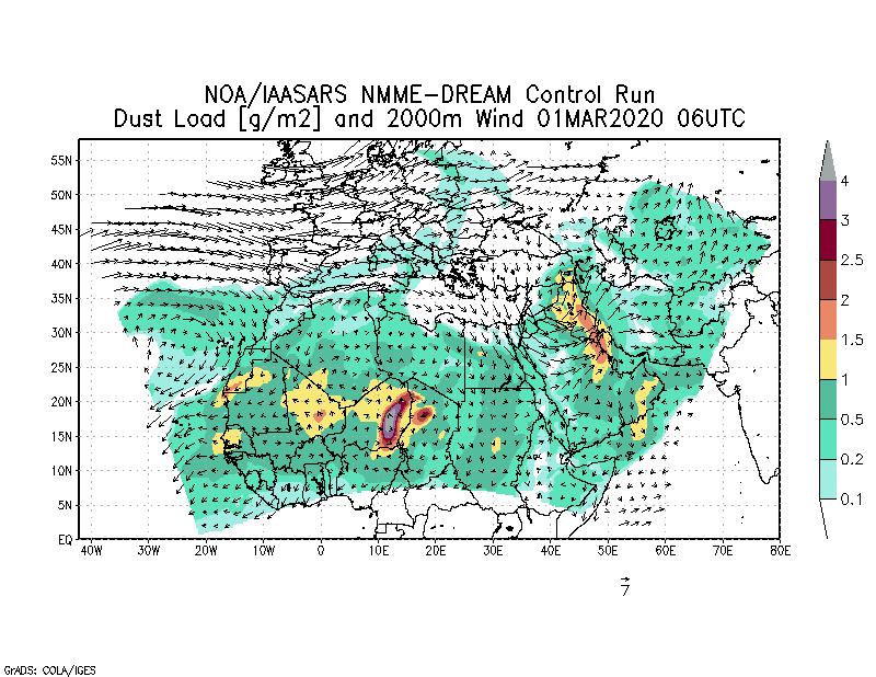 Dust load [g/m2] and 2000m Wind - 2020-03-01 06:00