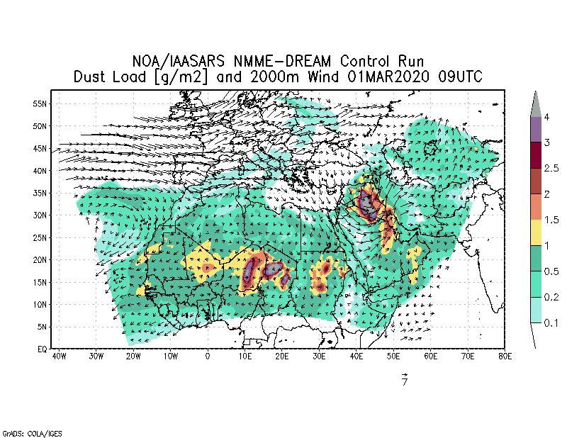 Dust load [g/m2] and 2000m Wind - 2020-03-01 09:00