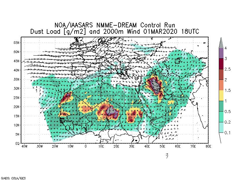 Dust load [g/m2] and 2000m Wind - 2020-03-01 18:00