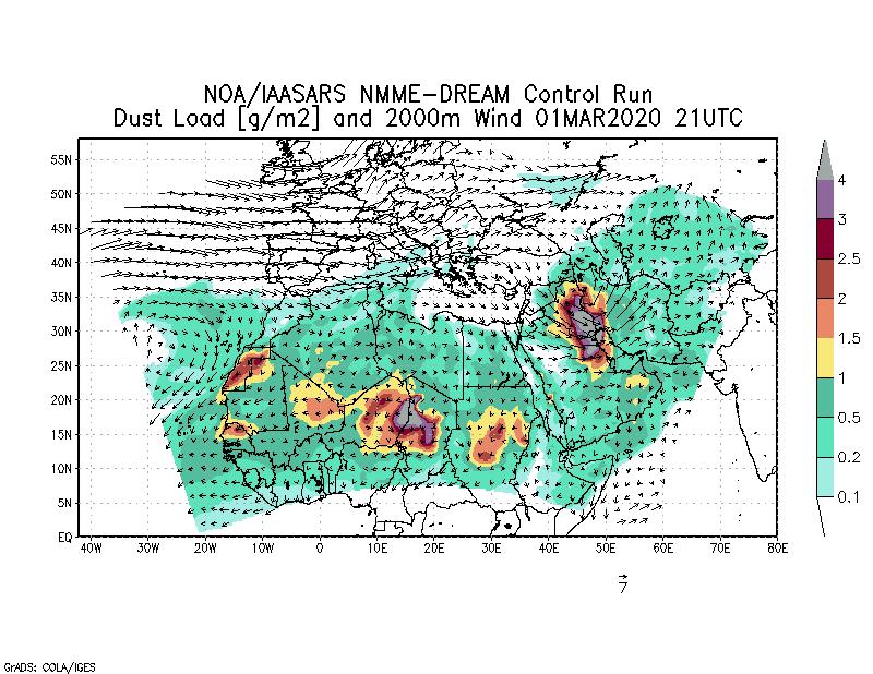 Dust load [g/m2] and 2000m Wind - 2020-03-01 21:00