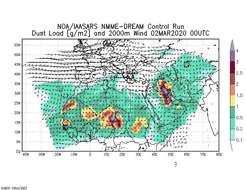 Dust load [g/m2] and 2000m Wind - 2020-03-02 00:00