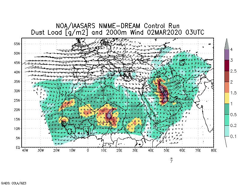 Dust load [g/m2] and 2000m Wind - 2020-03-02 03:00