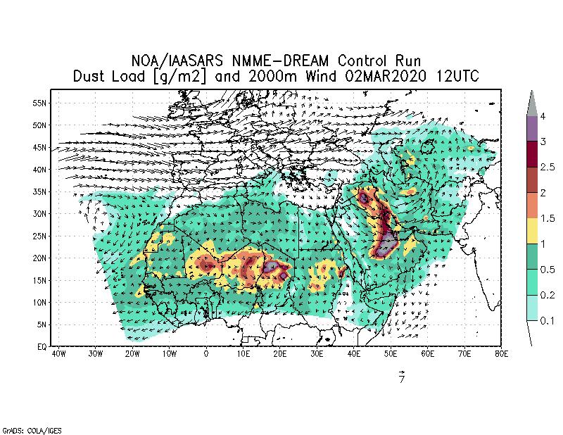 Dust load [g/m2] and 2000m Wind - 2020-03-02 12:00