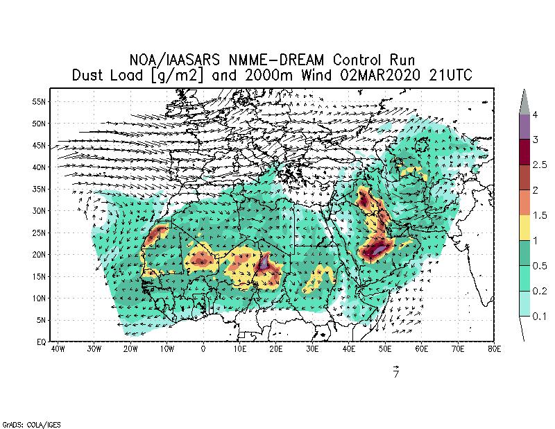 Dust load [g/m2] and 2000m Wind - 2020-03-02 21:00