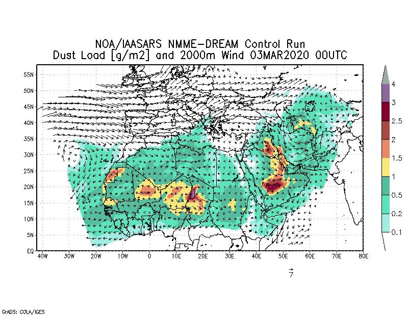 Dust load [g/m2] and 2000m Wind - 2020-03-03 00:00