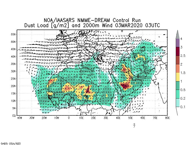 Dust load [g/m2] and 2000m Wind - 2020-03-03 03:00