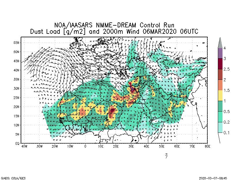 Dust load [g/m2] and 2000m Wind - 2020-03-06 06:00