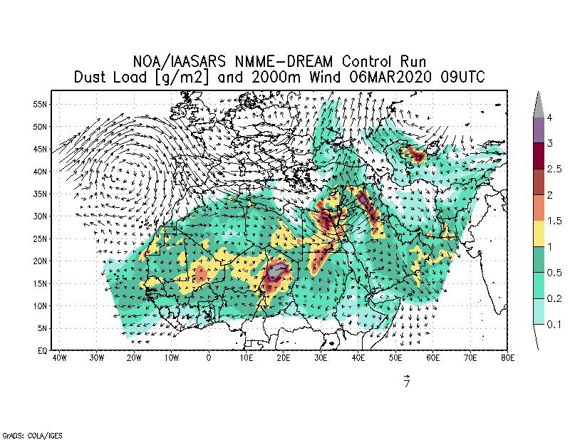 Dust load [g/m2] and 2000m Wind - 2020-03-06 09:00