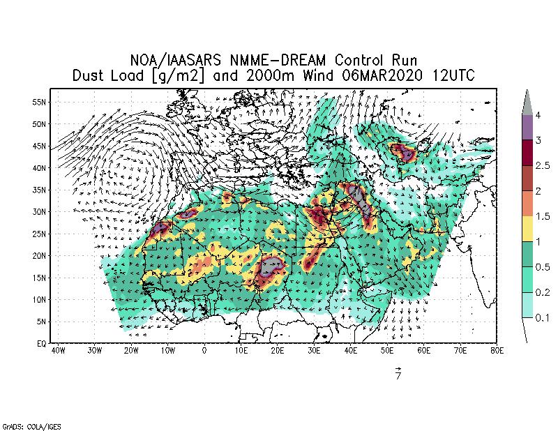 Dust load [g/m2] and 2000m Wind - 2020-03-06 12:00