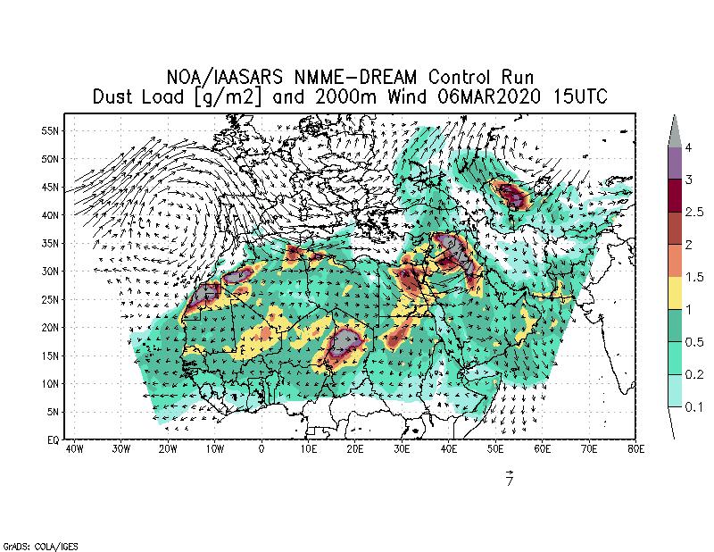 Dust load [g/m2] and 2000m Wind - 2020-03-06 15:00