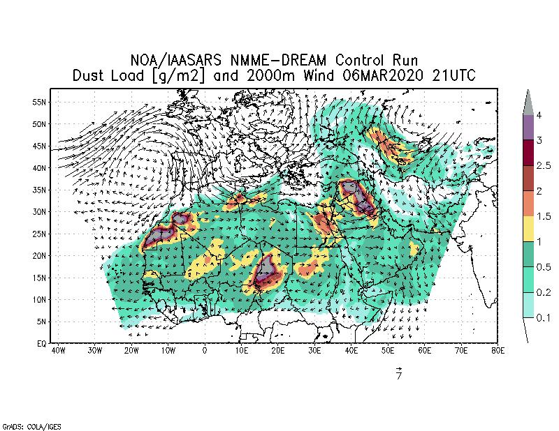 Dust load [g/m2] and 2000m Wind - 2020-03-06 21:00