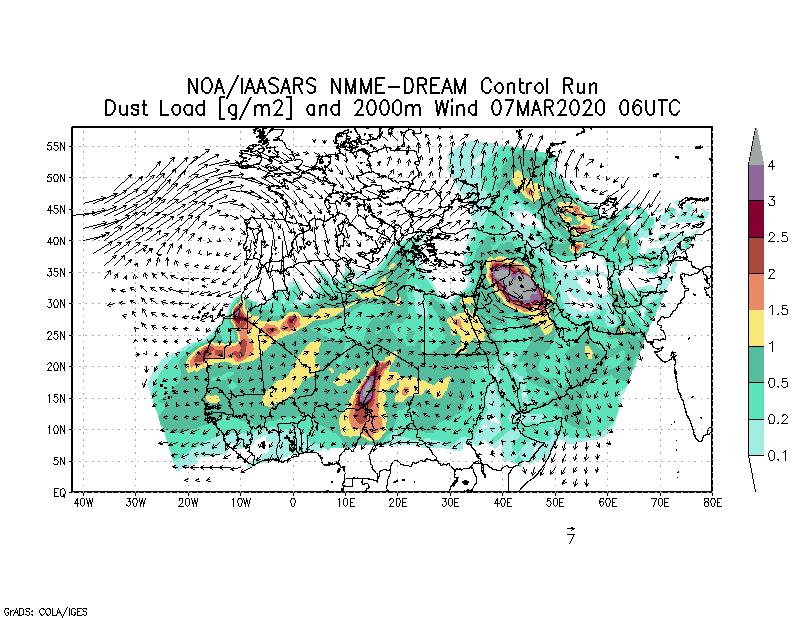 Dust load [g/m2] and 2000m Wind - 2020-03-07 06:00