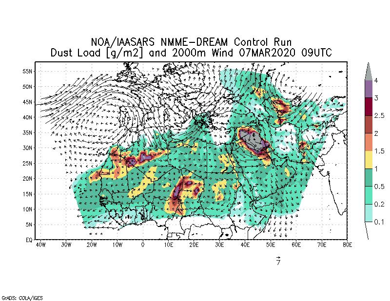 Dust load [g/m2] and 2000m Wind - 2020-03-07 09:00