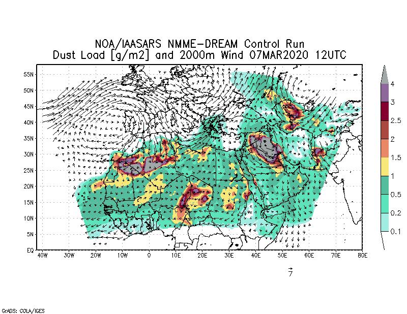 Dust load [g/m2] and 2000m Wind - 2020-03-07 12:00