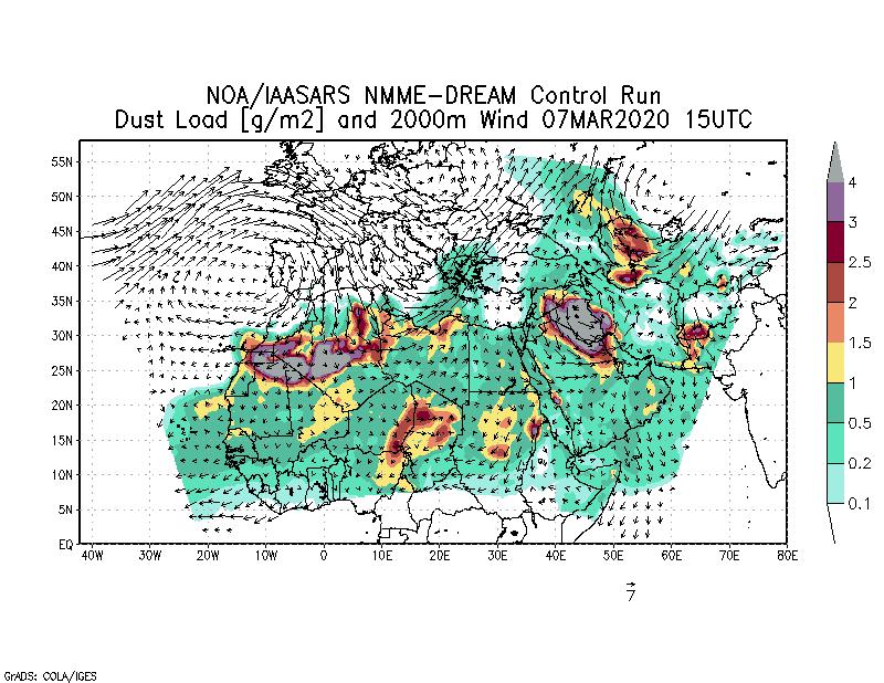 Dust load [g/m2] and 2000m Wind - 2020-03-07 15:00