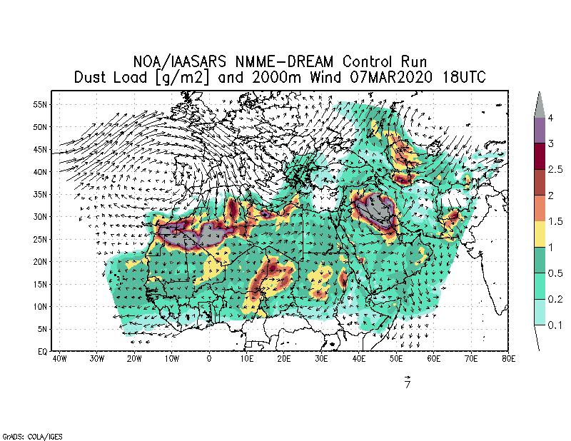 Dust load [g/m2] and 2000m Wind - 2020-03-07 18:00