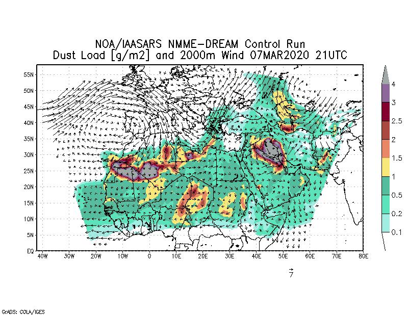 Dust load [g/m2] and 2000m Wind - 2020-03-07 21:00