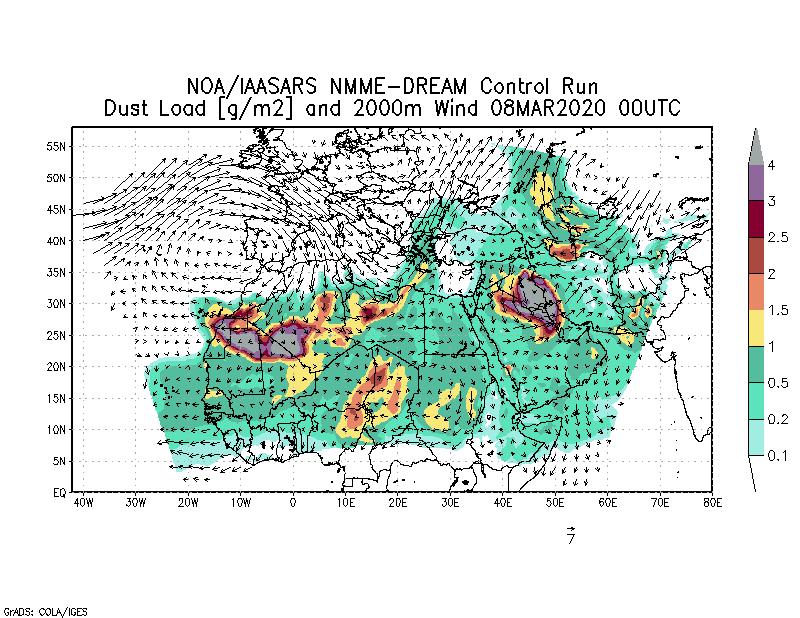 Dust load [g/m2] and 2000m Wind - 2020-03-08 00:00