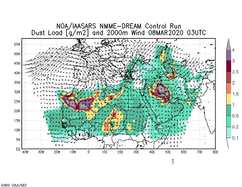 Dust load [g/m2] and 2000m Wind - 2020-03-08 03:00