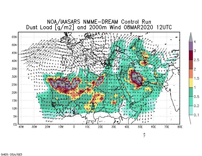 Dust load [g/m2] and 2000m Wind - 2020-03-08 12:00