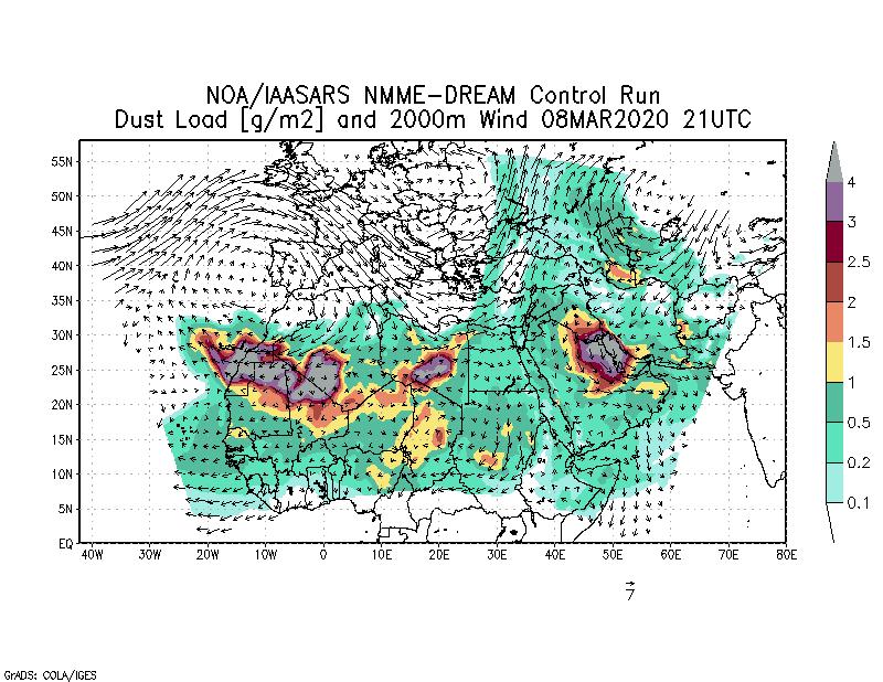 Dust load [g/m2] and 2000m Wind - 2020-03-08 21:00