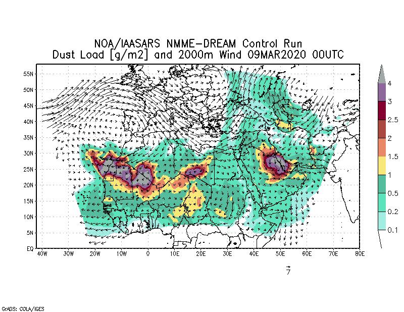 Dust load [g/m2] and 2000m Wind - 2020-03-09 00:00