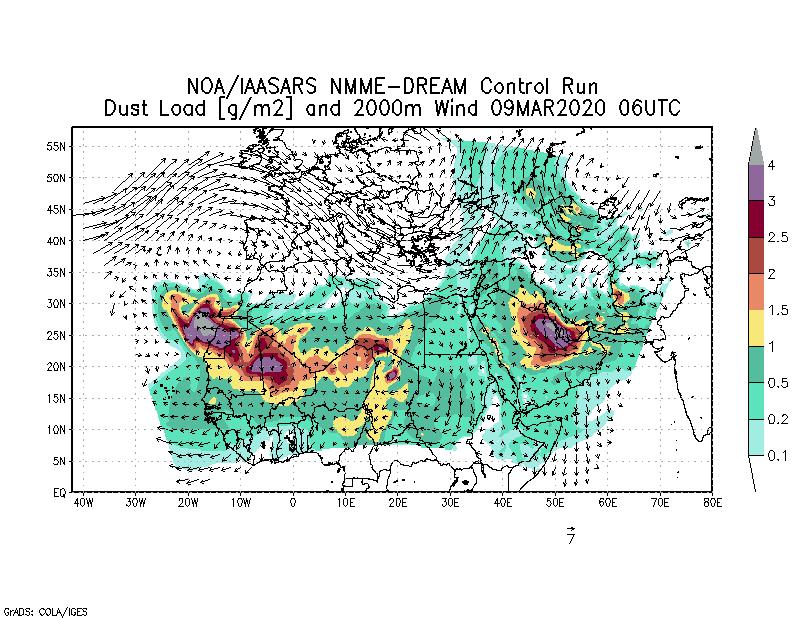 Dust load [g/m2] and 2000m Wind - 2020-03-09 06:00