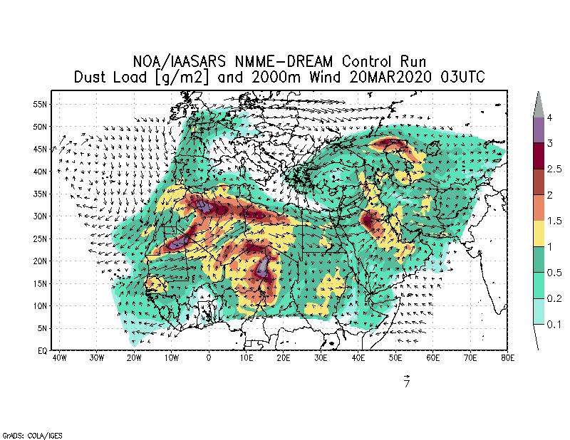 Dust load [g/m2] and 2000m Wind - 2020-03-20 03:00