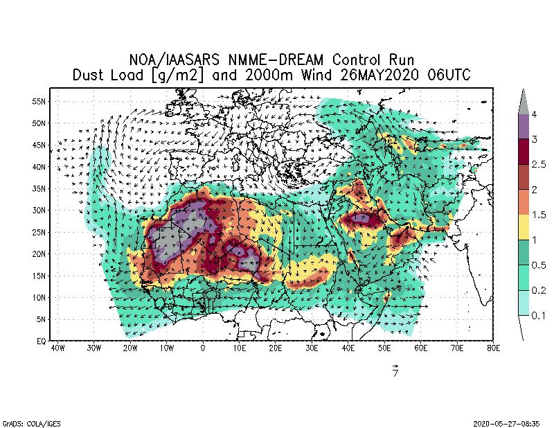 Dust load [g/m2] and 2000m Wind - 2020-05-26 06:00