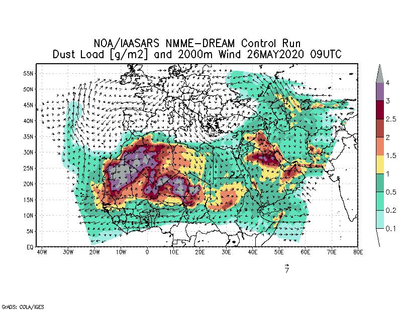 Dust load [g/m2] and 2000m Wind - 2020-05-26 09:00