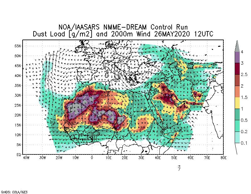 Dust load [g/m2] and 2000m Wind - 2020-05-26 12:00