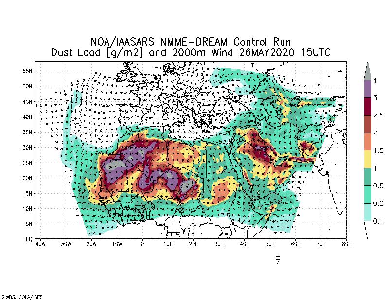 Dust load [g/m2] and 2000m Wind - 2020-05-26 15:00