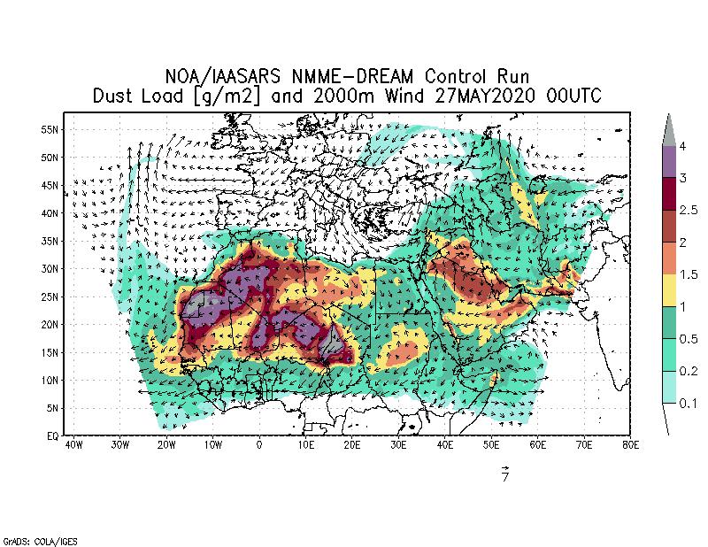 Dust load [g/m2] and 2000m Wind - 2020-05-27 00:00