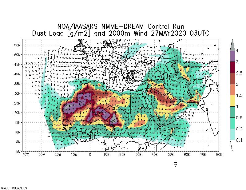 Dust load [g/m2] and 2000m Wind - 2020-05-27 03:00